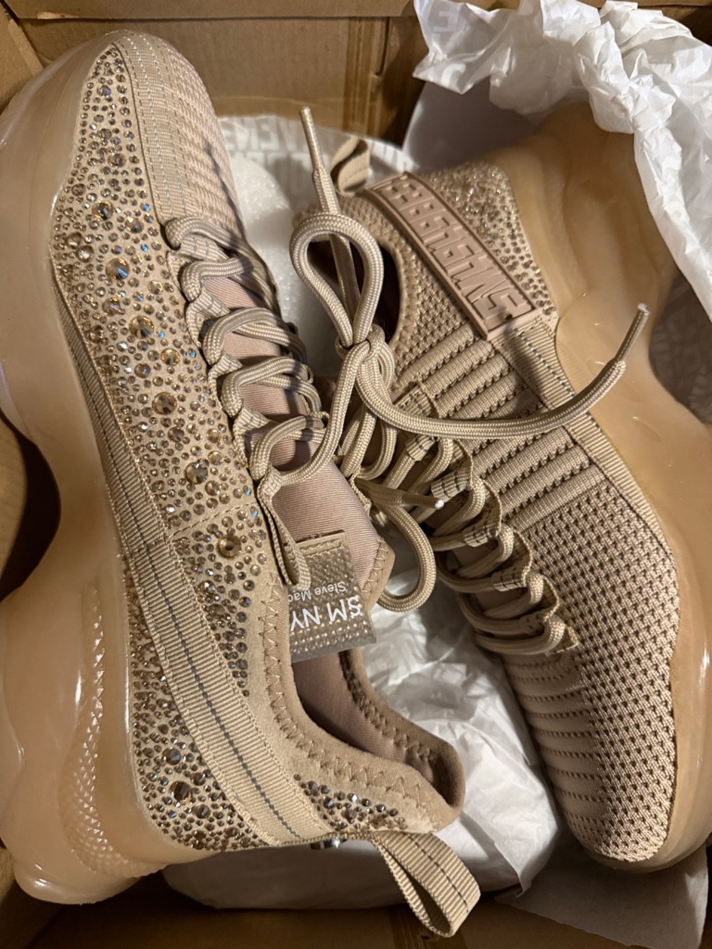 Steve Madden Beige Knit Sneakers with Crystal Accents